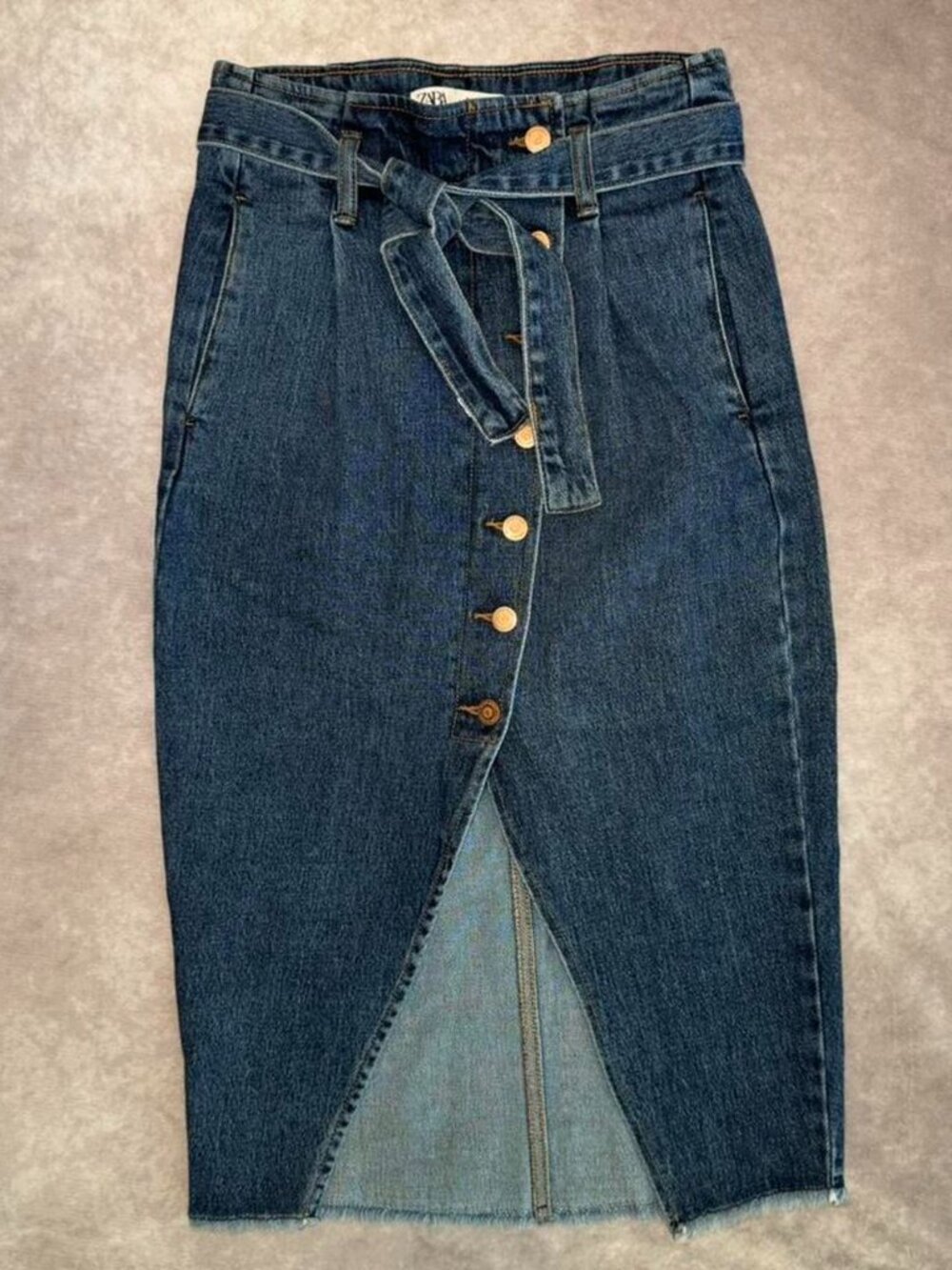 ZARA Denim Tie Waist Asymmetrical Button Front Distressed Midi Skirt Size XS